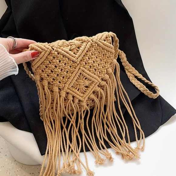 Handbags - Crochet brown tassel bag